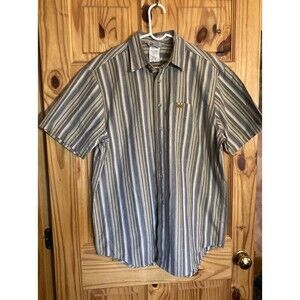 Carhartt Men Blue White Stripe 100% Cotton Short Sleeves Button Down Shirt Large